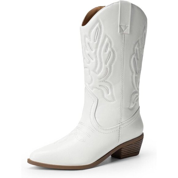 Women's White-pu Mid Calf Western Embroidery Stitched Faux Leather Cowgirl Boots - Picture 1 of 7
